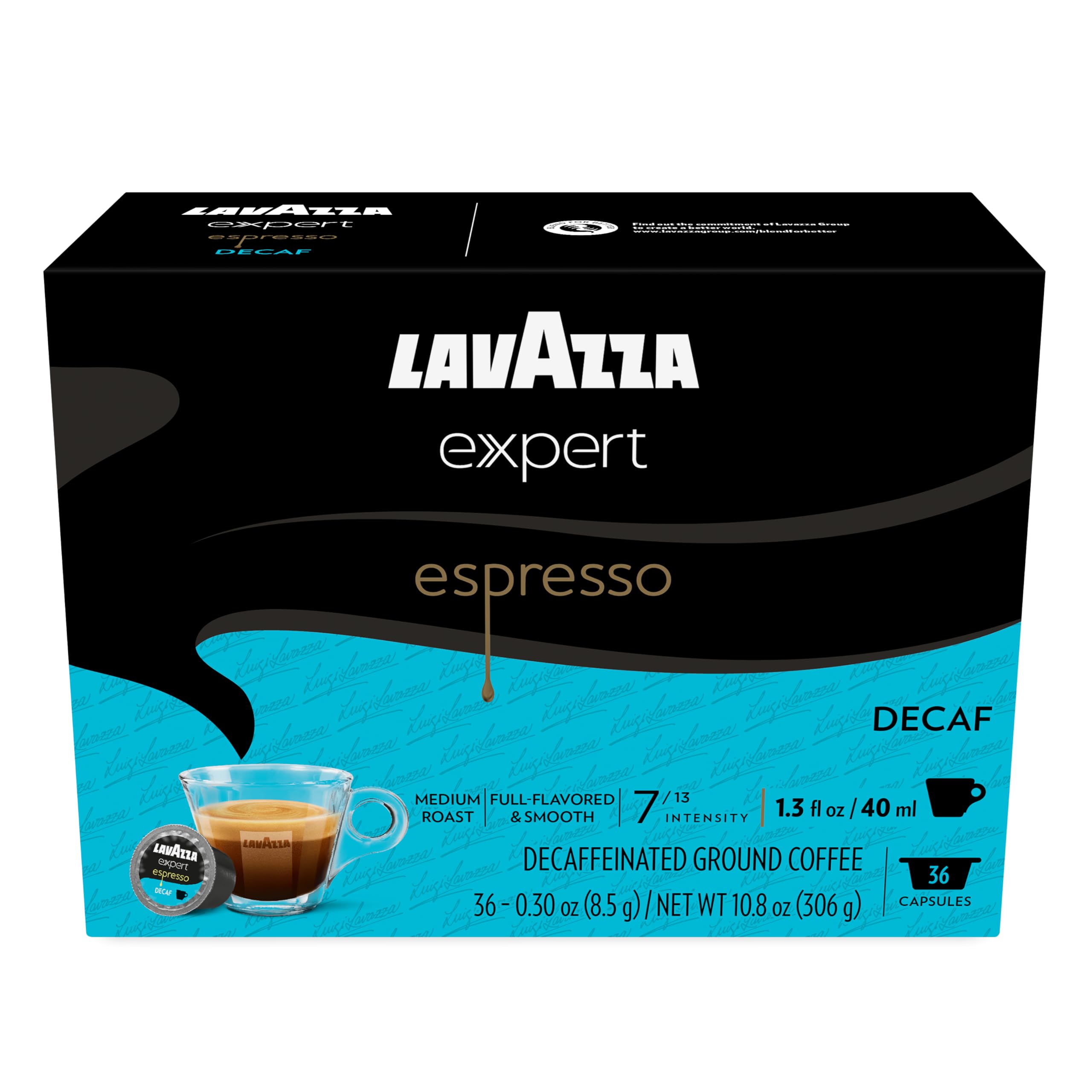 Lavazza front packaging showing 36 capsules and balanced medium roast benefits
