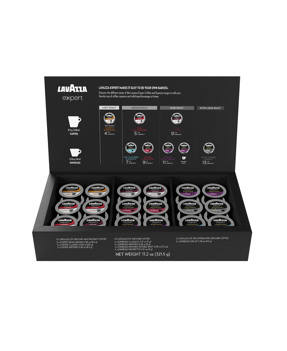 Lavazza front pack showing variety of 36 capsules and package artwork benefit quick selection