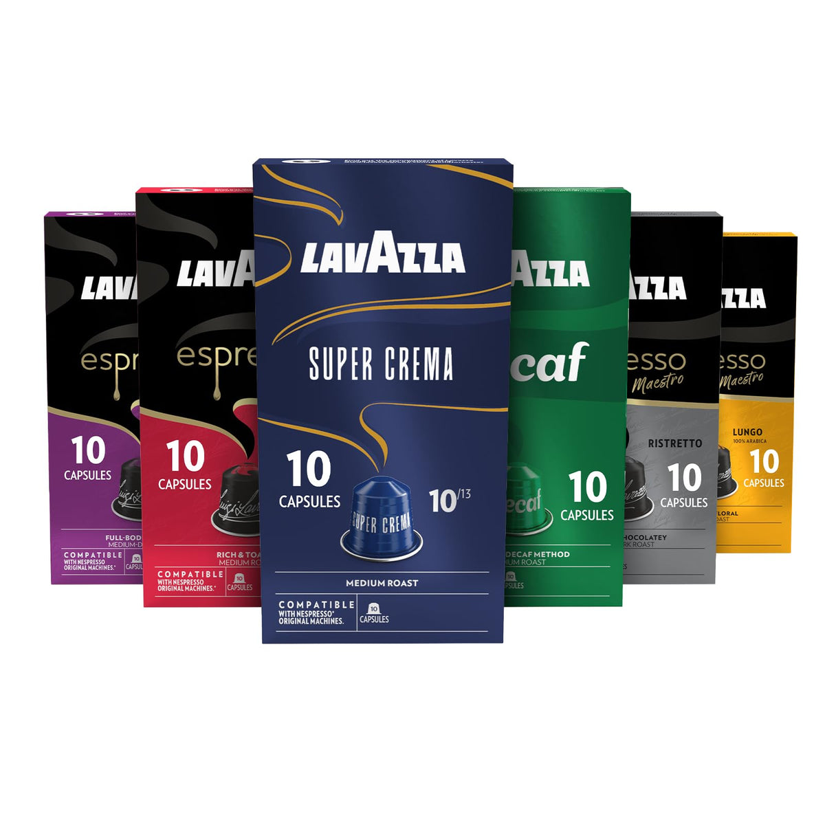 Lavazza front pack showing the 60-count aluminum capsule assortment and variety benefit