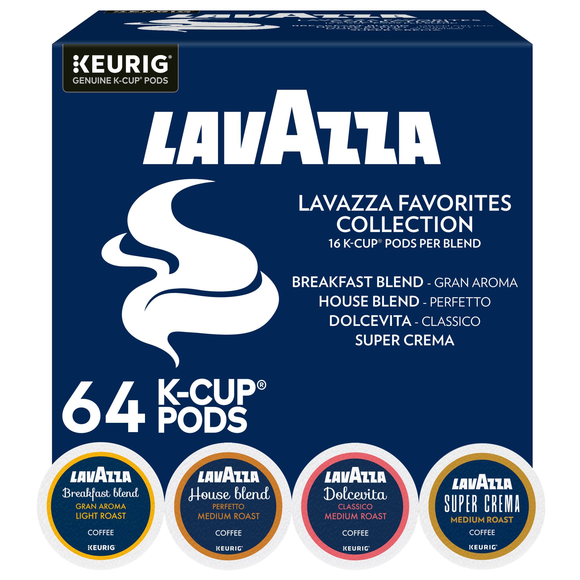 Lavazza front packaging showing the 64-count variety pack and convenience