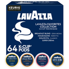 Lavazza front packaging showing the 64-count variety pack and convenience