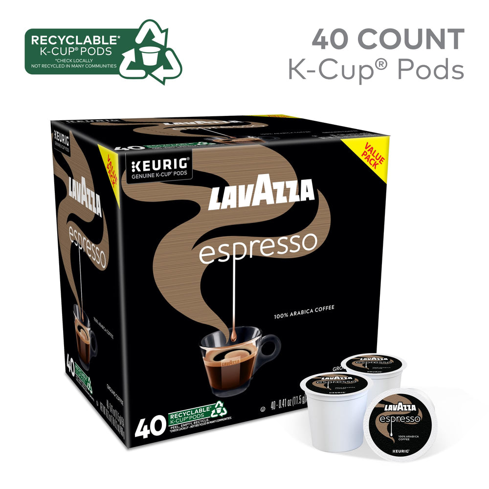 Arabica beans and ground coffee beside Lavazza pod showing rich aroma benefit