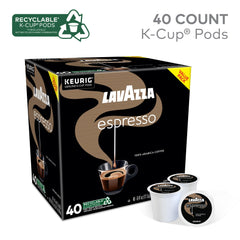 Arabica beans and ground coffee beside Lavazza pod showing rich aroma benefit