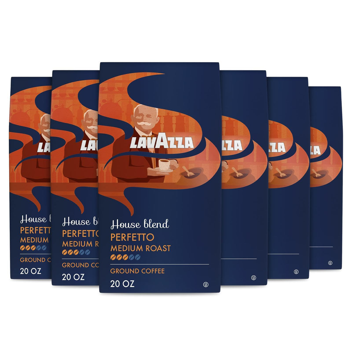 Lavazza front packaging showing six 20 oz bags and brand clarity benefit