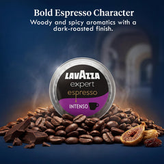 Lavazza Intenso capsules spread beside a cup showing portioned convenience benefit