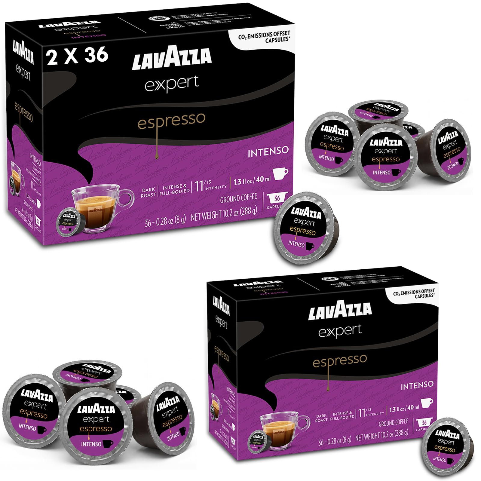 Lavazza Intenso front packaging showing 72 capsules and bold branding benefit convenience