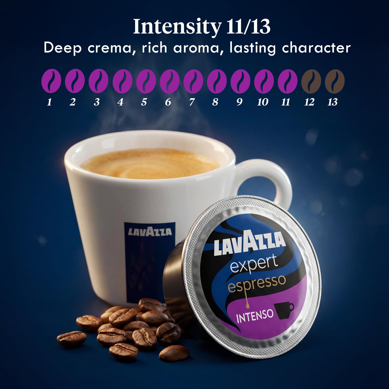 Lavazza Intenso label detail highlighting bean blend and intensity benefit
