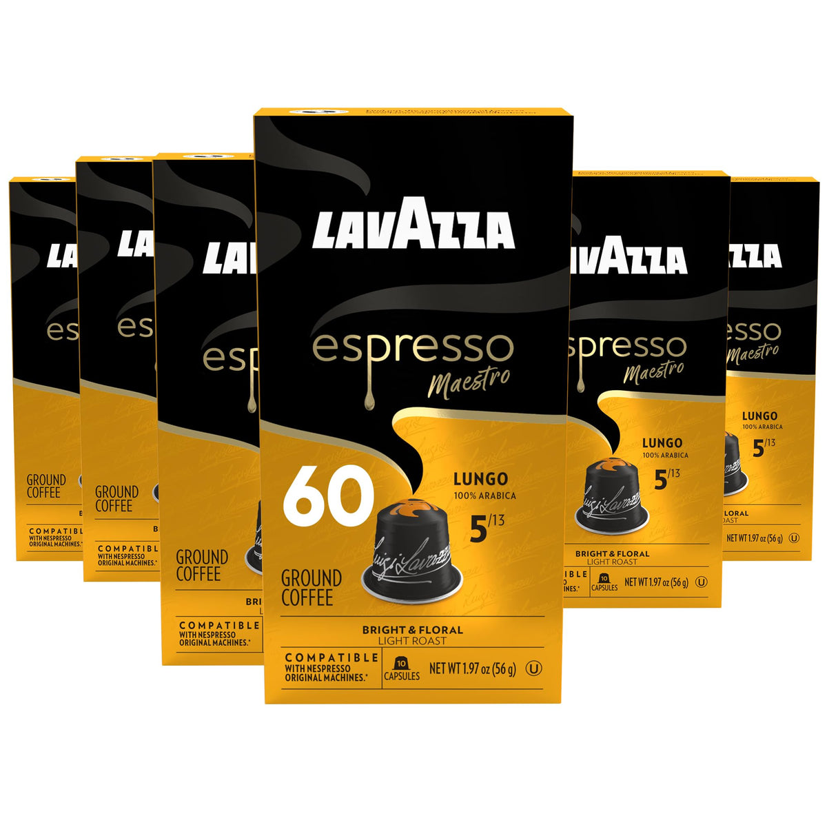 Lavazza Maestro Lungo front packaging showing 60 capsules, clear convenience