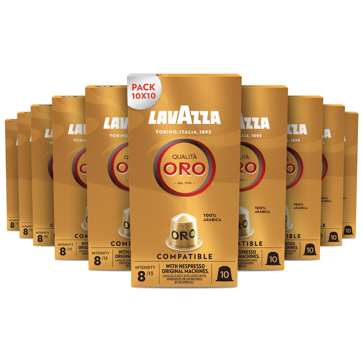 Lavazza front packaging showing 100-count and Gold Quality benefits