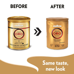 Lavazza Qualità Oro open tin with ground coffee visible for aroma preservation benefit