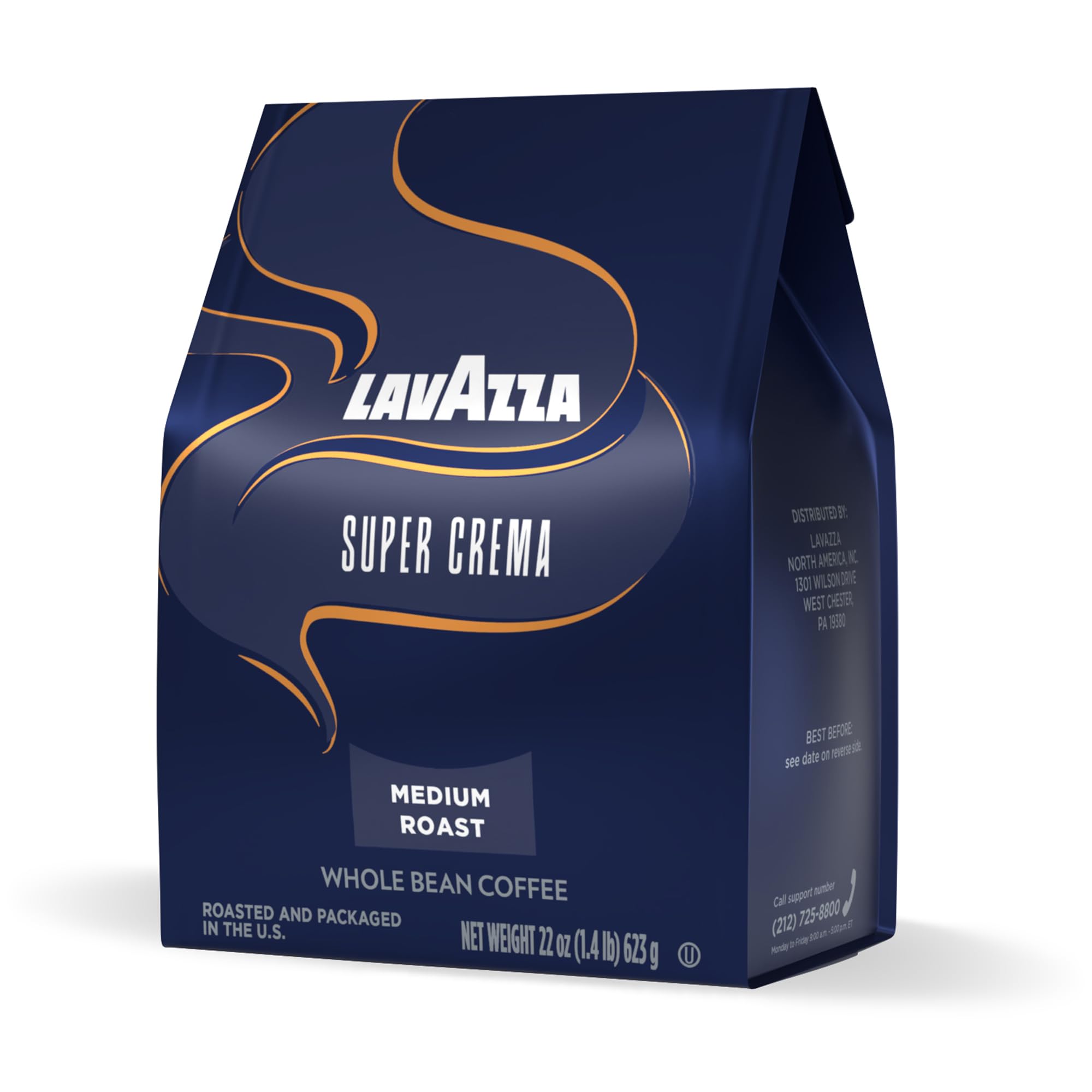Lavazza Super Crema beans being poured from bag showcasing freshness and easy dispensing