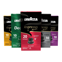 Lavazza front box showing five capsule blend variety and convenience