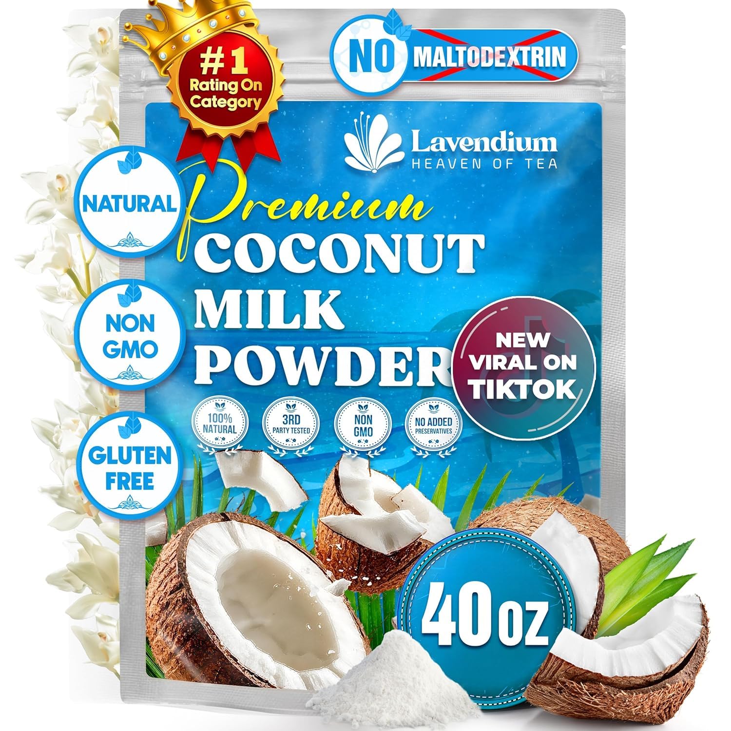 Lavendium front pouch showing brand and 40oz size for pantry convenience