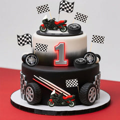 LaVenty miniature bikes placed on cake top creating a dynamic centerpiece benefit