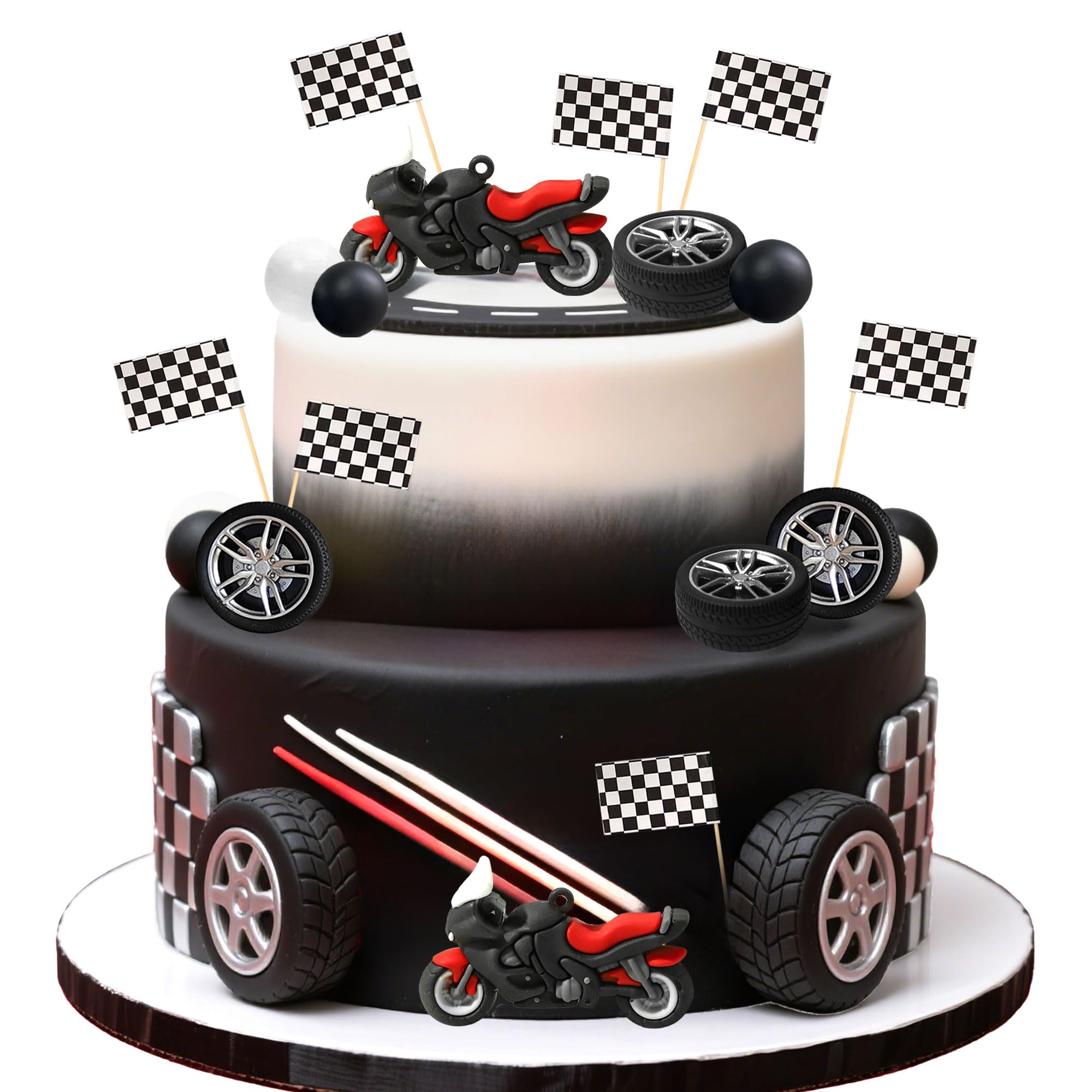 LaVenty front packaging showing full motorbike cake topper kit and quick setup benefit