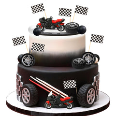 LaVenty front packaging showing full motorbike cake topper kit and quick setup benefit