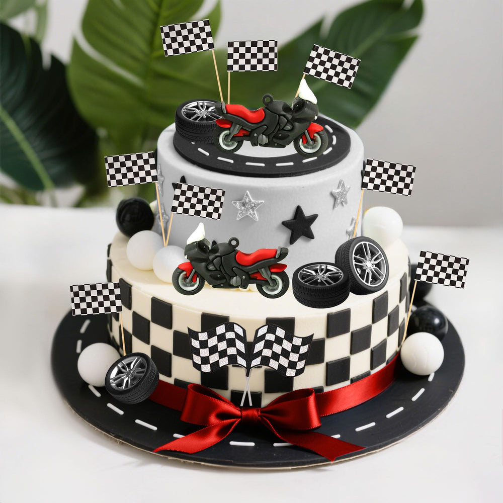 LaVenty styled party table with cake showcasing cohesive motorsport theme benefit