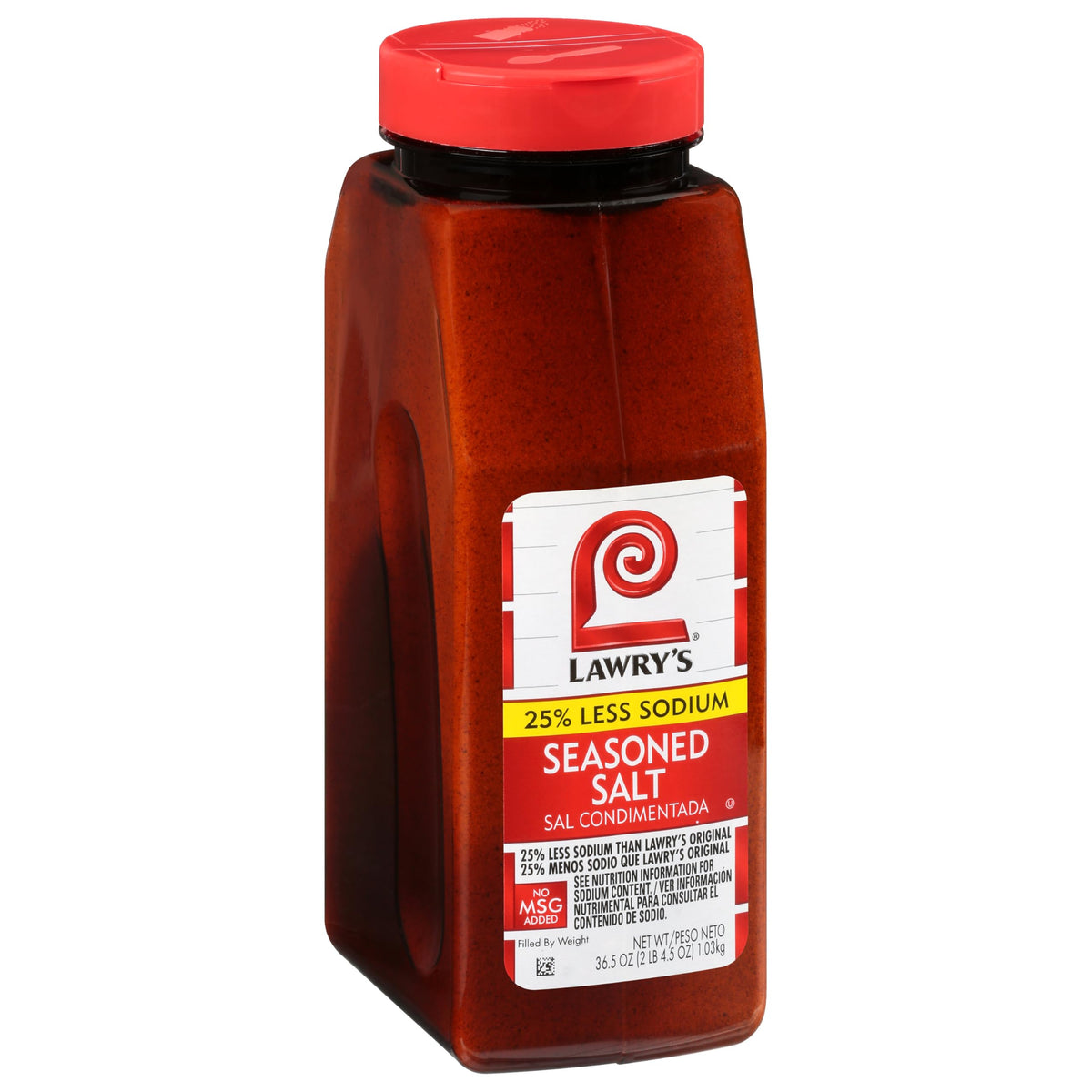 Lawry's product front label shows reduced-sodium seasoning for consistent flavor