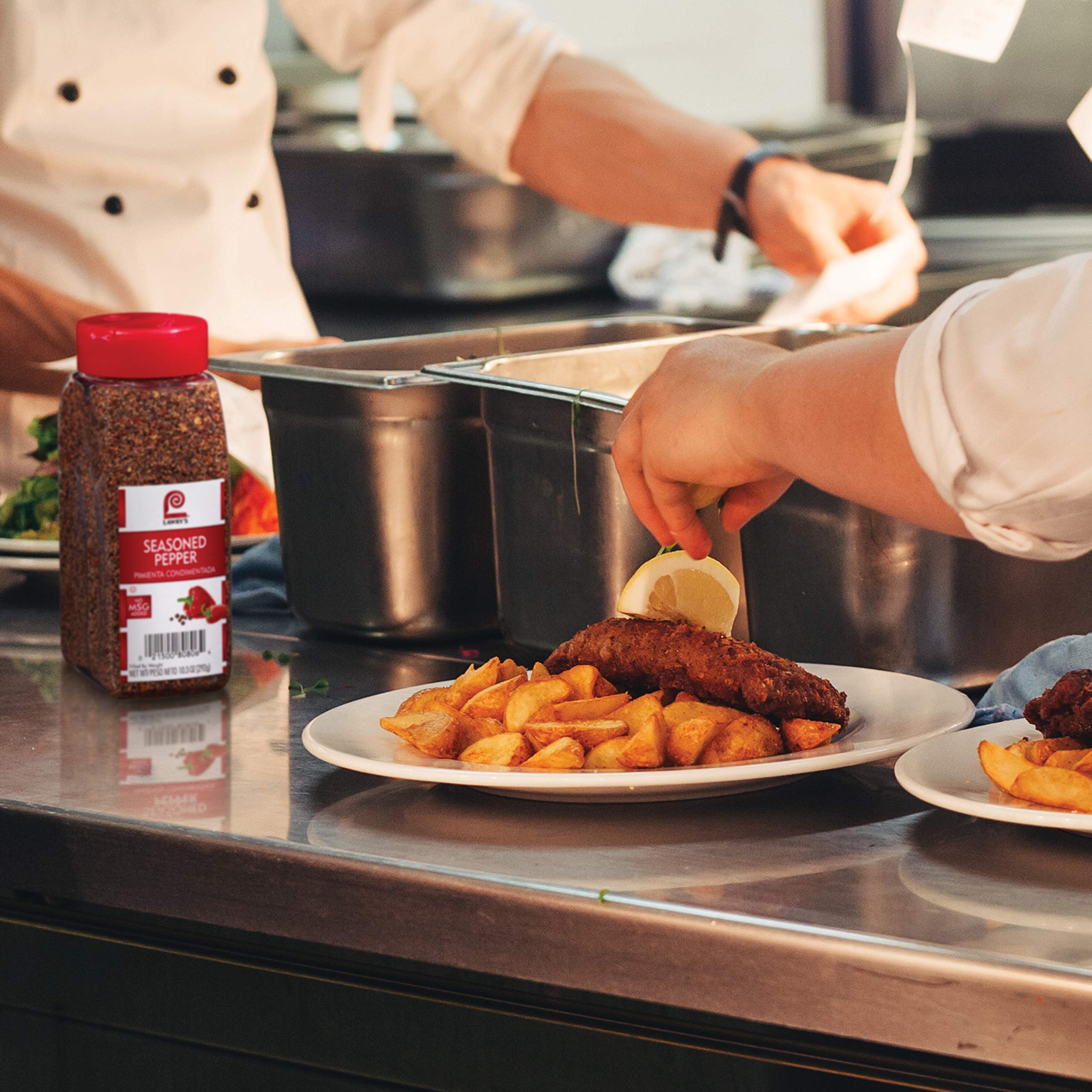 Lawry's canister flip-top lid open for quick, controlled dispensing