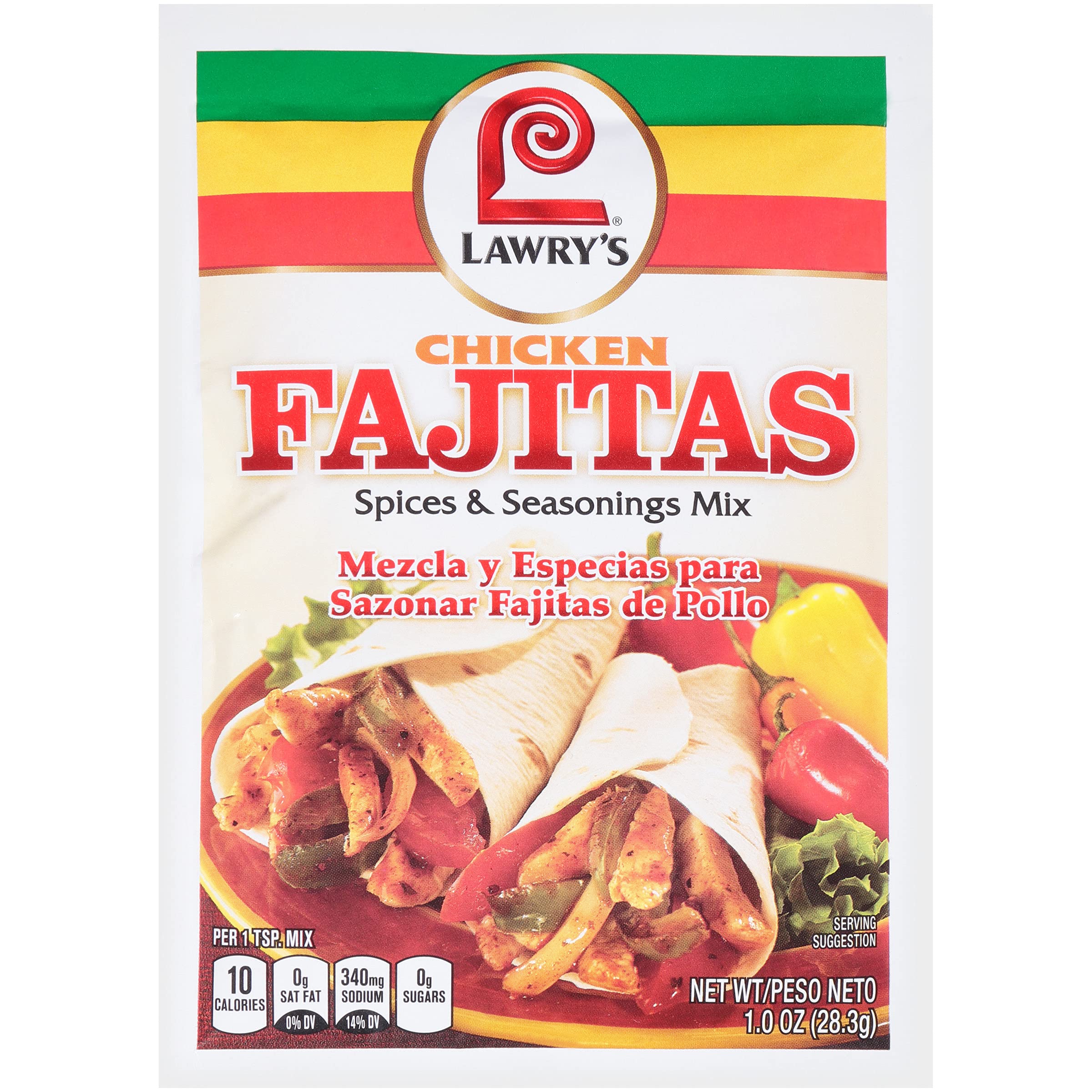 Lawry's front packaging showing 1 oz fajitas seasoning, quick flavor boost