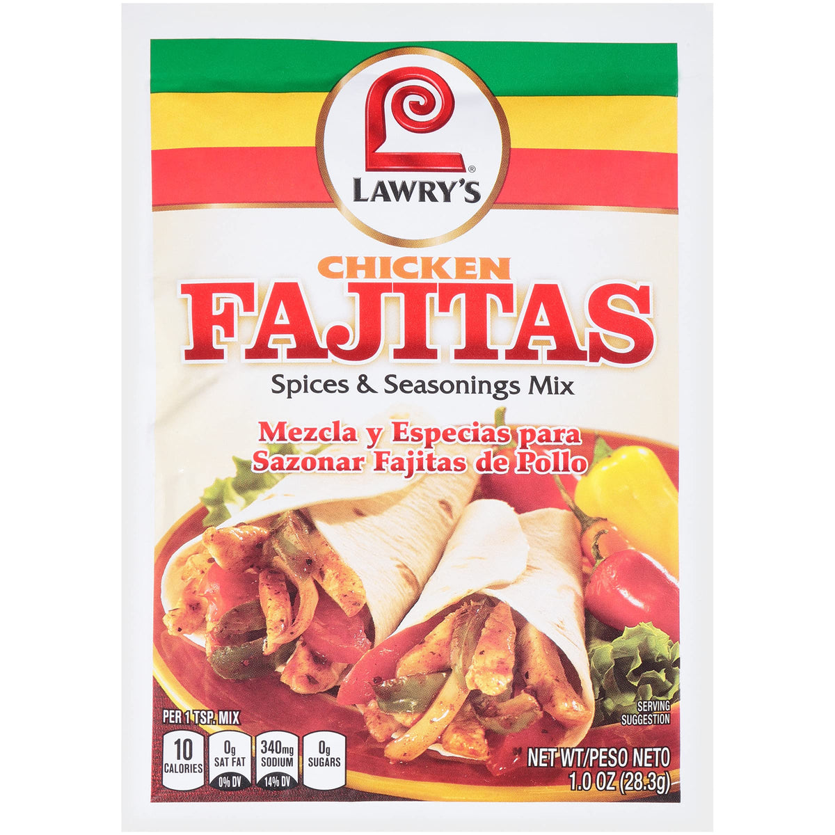 Lawry's front packaging showing 1 oz fajitas seasoning, quick flavor boost