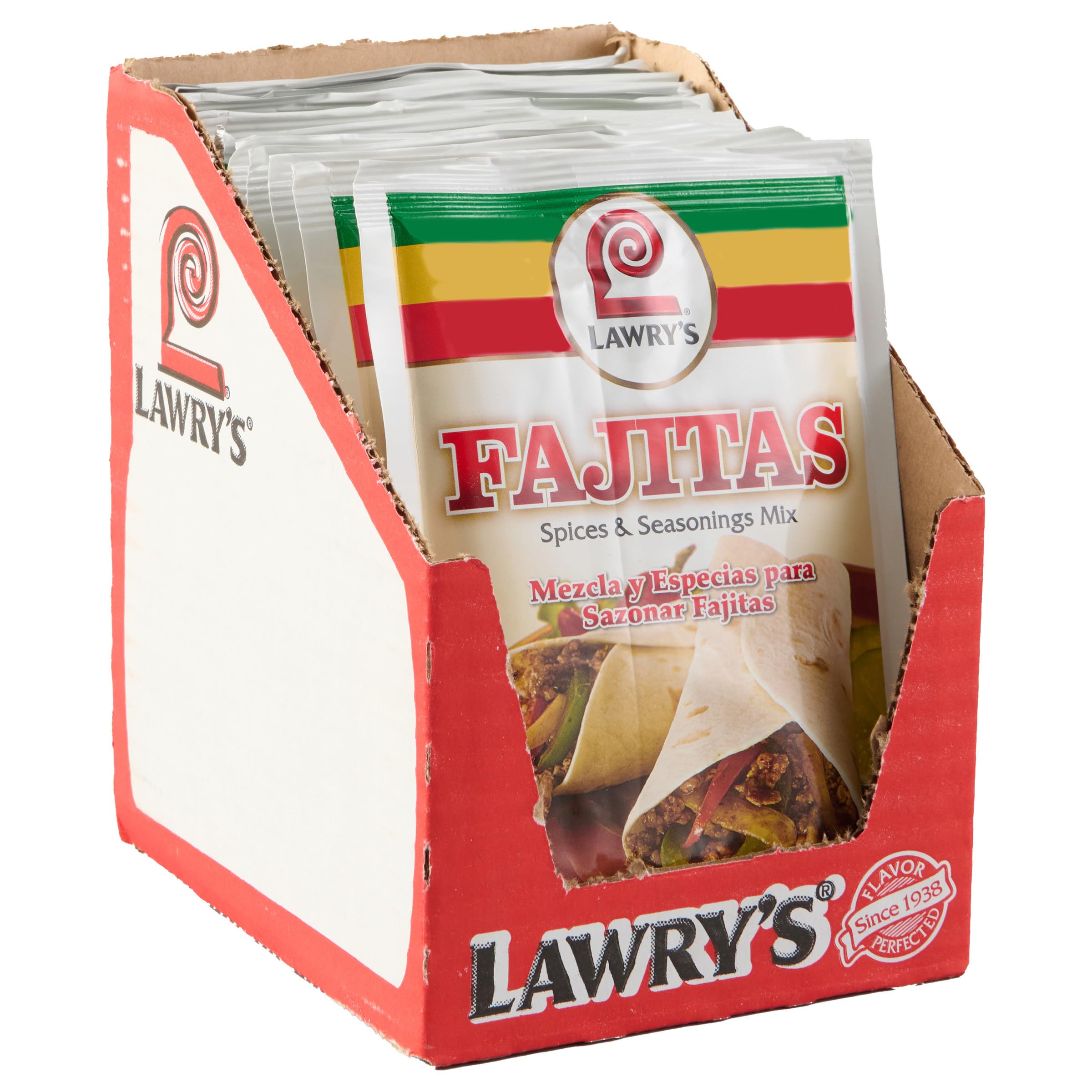Lawry's front packaging showing bold fajita seasoning, adds restaurant flavor quickly