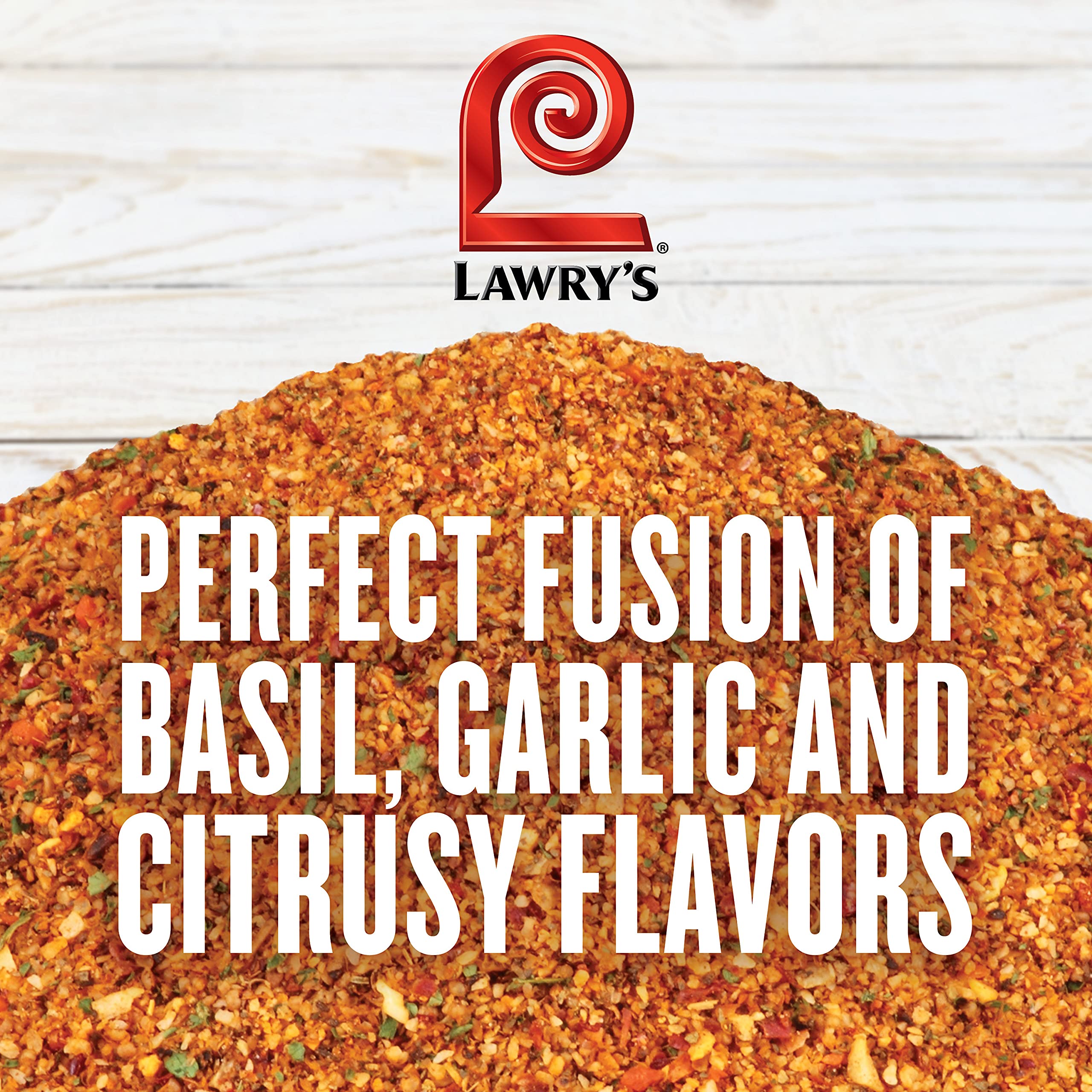 Spooned Lawry's seasoning close-up showing citrus peel and herb pieces for visual appeal
