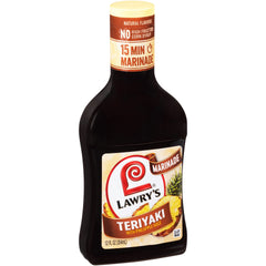 Lawry's label close-up highlighting teriyaki with pineapple ingredients benefit