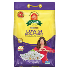 LAXMI BRAND front 10 lb bag showing label and lower GI claim for pantry convenience