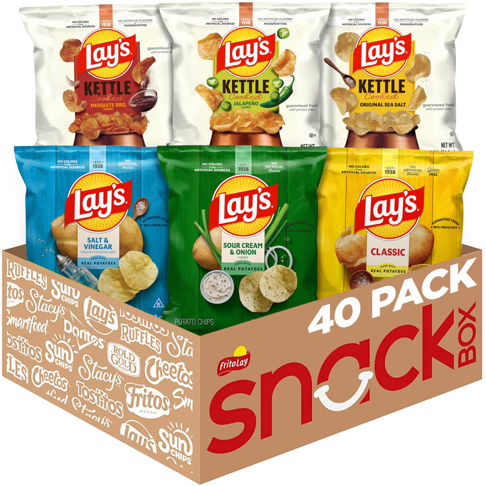 Lay's front packaging showing 40-count variety pack and convenient single-serve bags