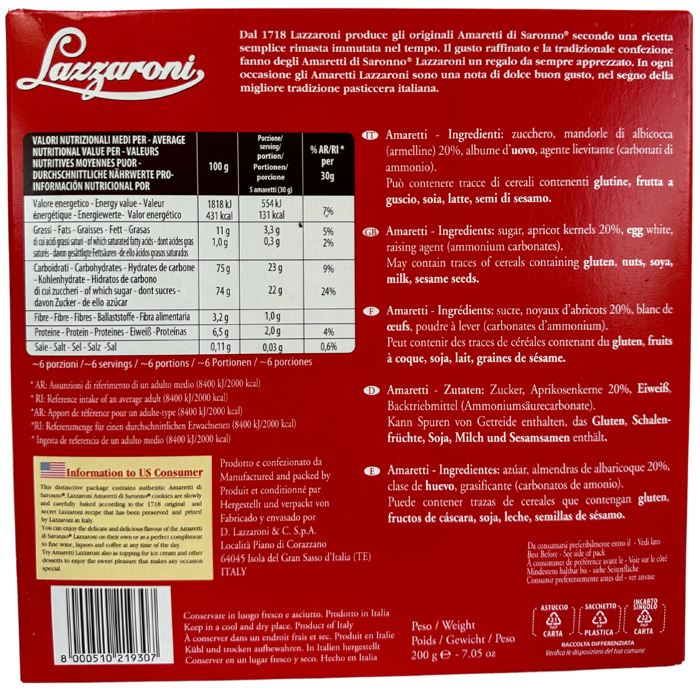 Lazzaroni individually wrapped paired amaretti with bow-tied paper for freshness