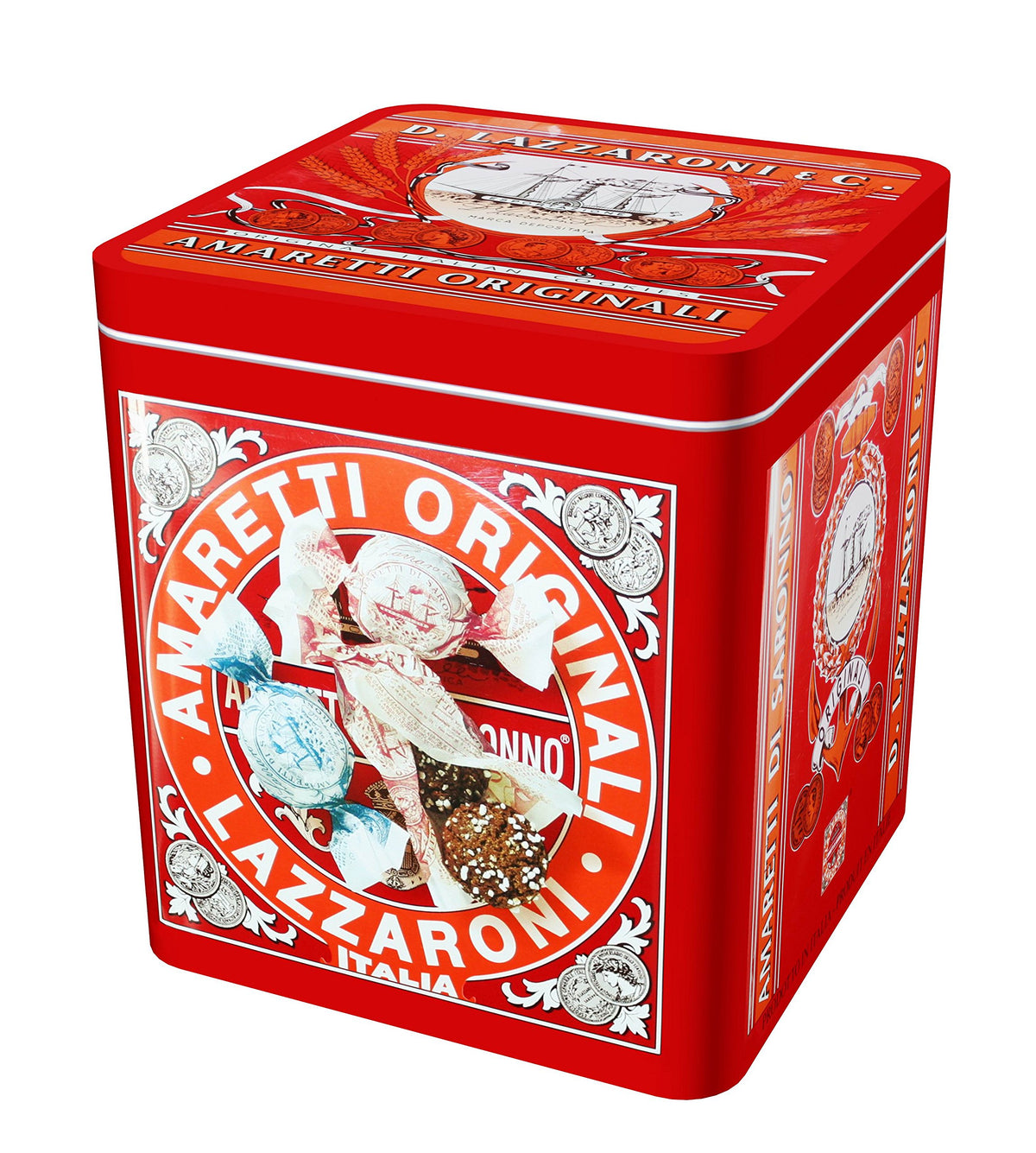 Lazzaroni tin front view showing amaretti cookies and elegant gift presentation