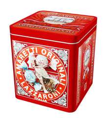 Lazzaroni tin front view showing amaretti cookies and elegant gift presentation