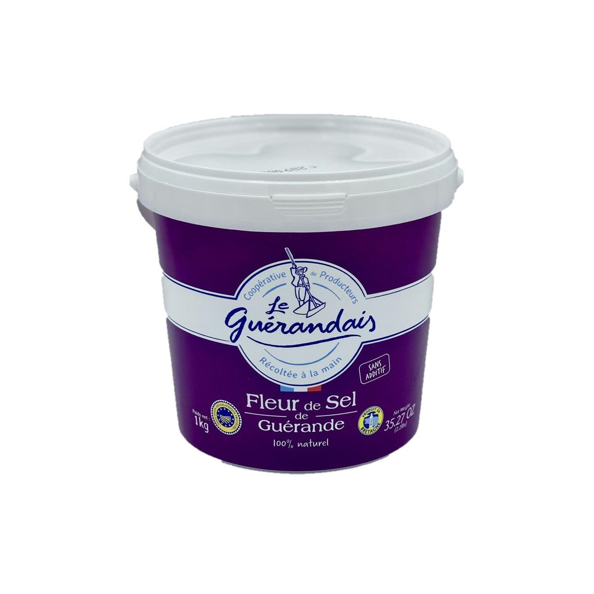 LE GUÉRANDAIS 2.2 lb pail of Guerande sea salt showing label and packaging benefit: authentic French finish