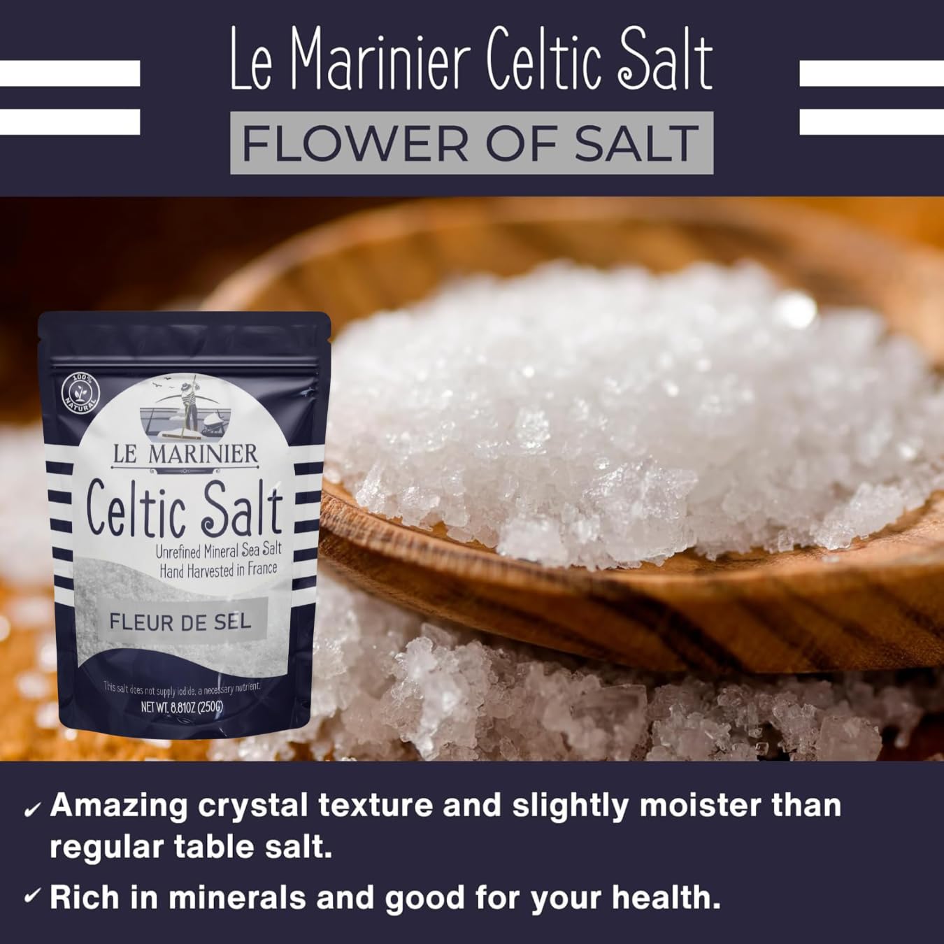 Le Marinier label detail showing origin and artisanal harvesting for authenticity