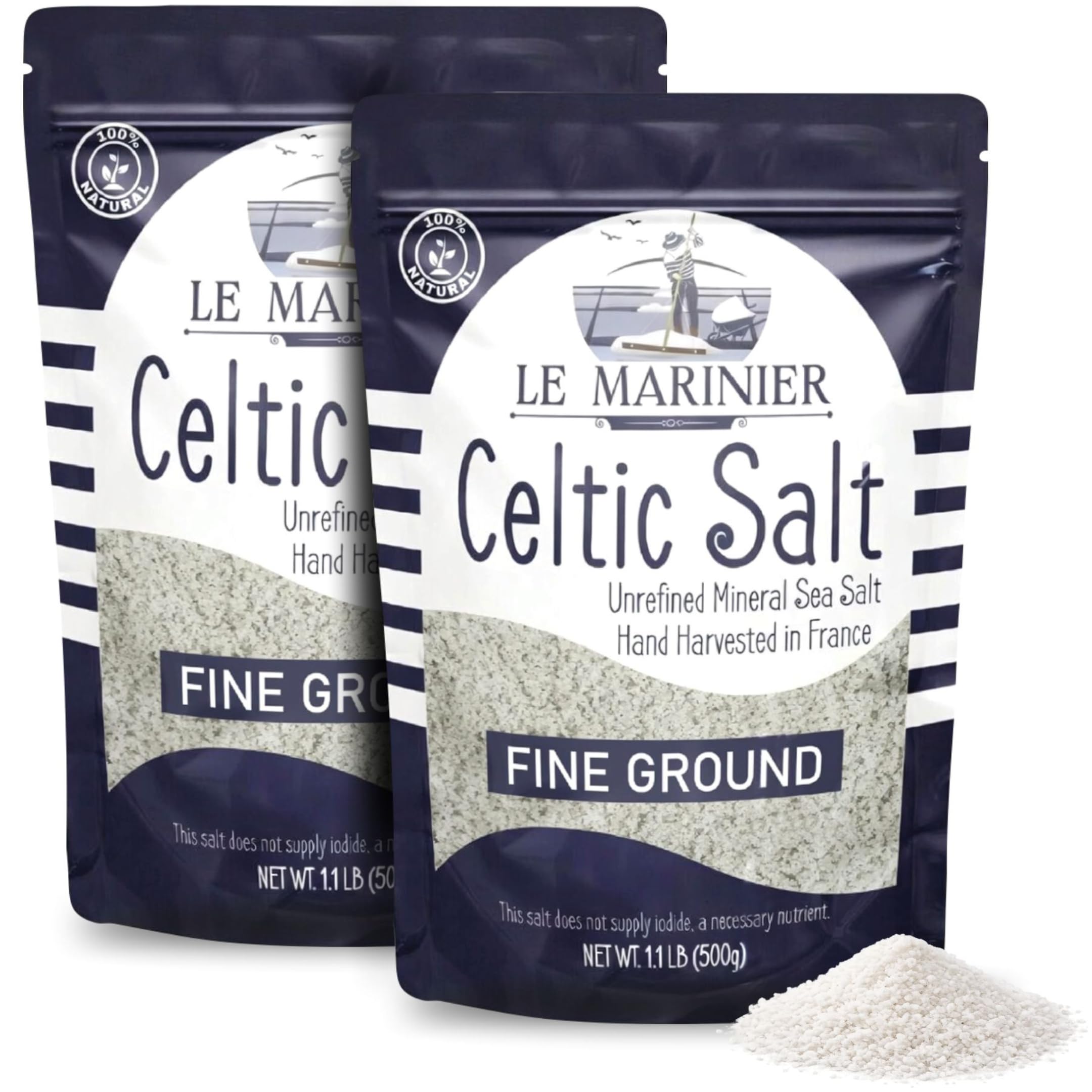 Le Marinier front packaging showing fine ground salt and pack of two benefit convenience