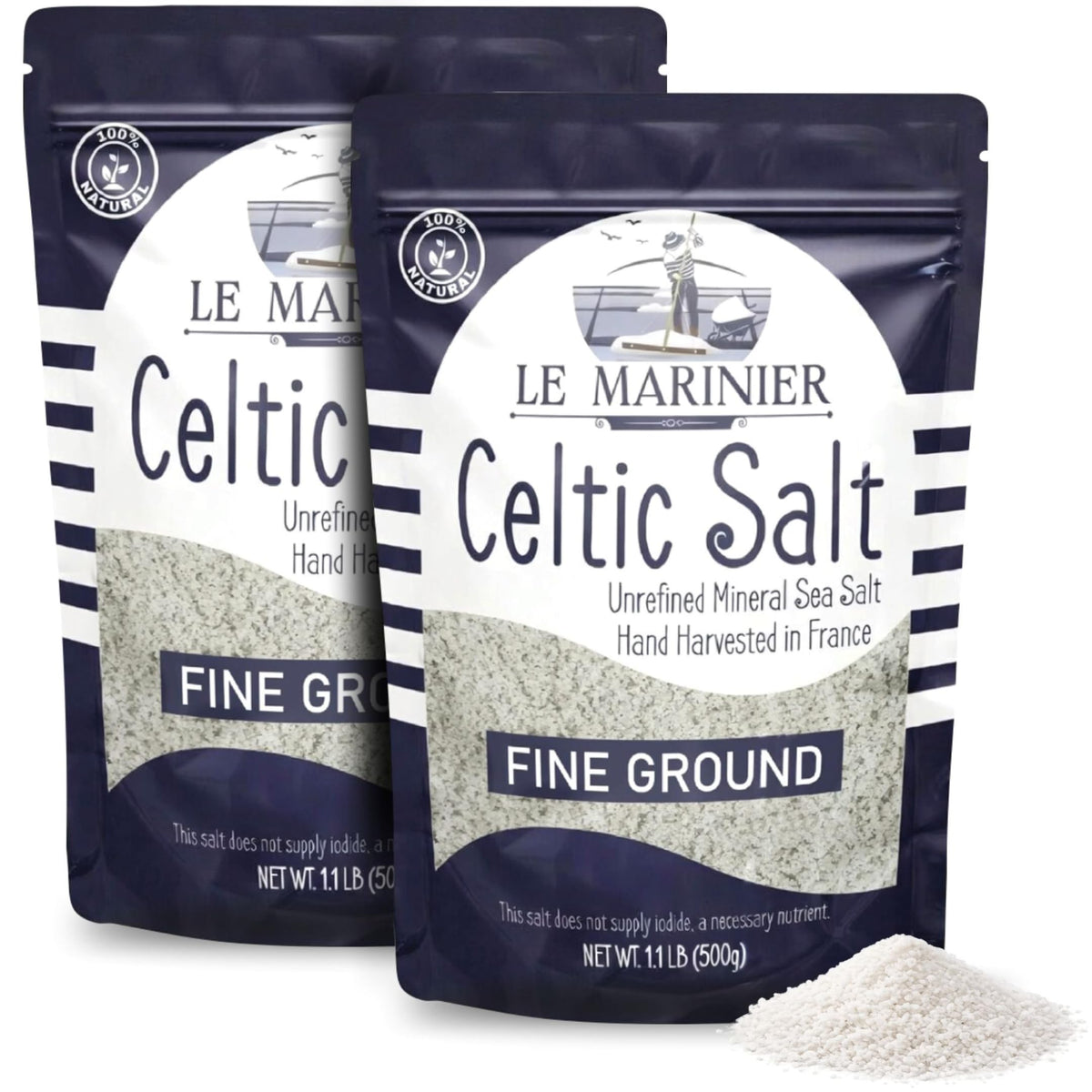 Le Marinier front packaging showing fine ground salt and pack of two benefit convenience