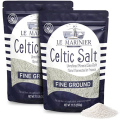 Le Marinier front packaging showing fine ground salt and pack of two benefit convenience