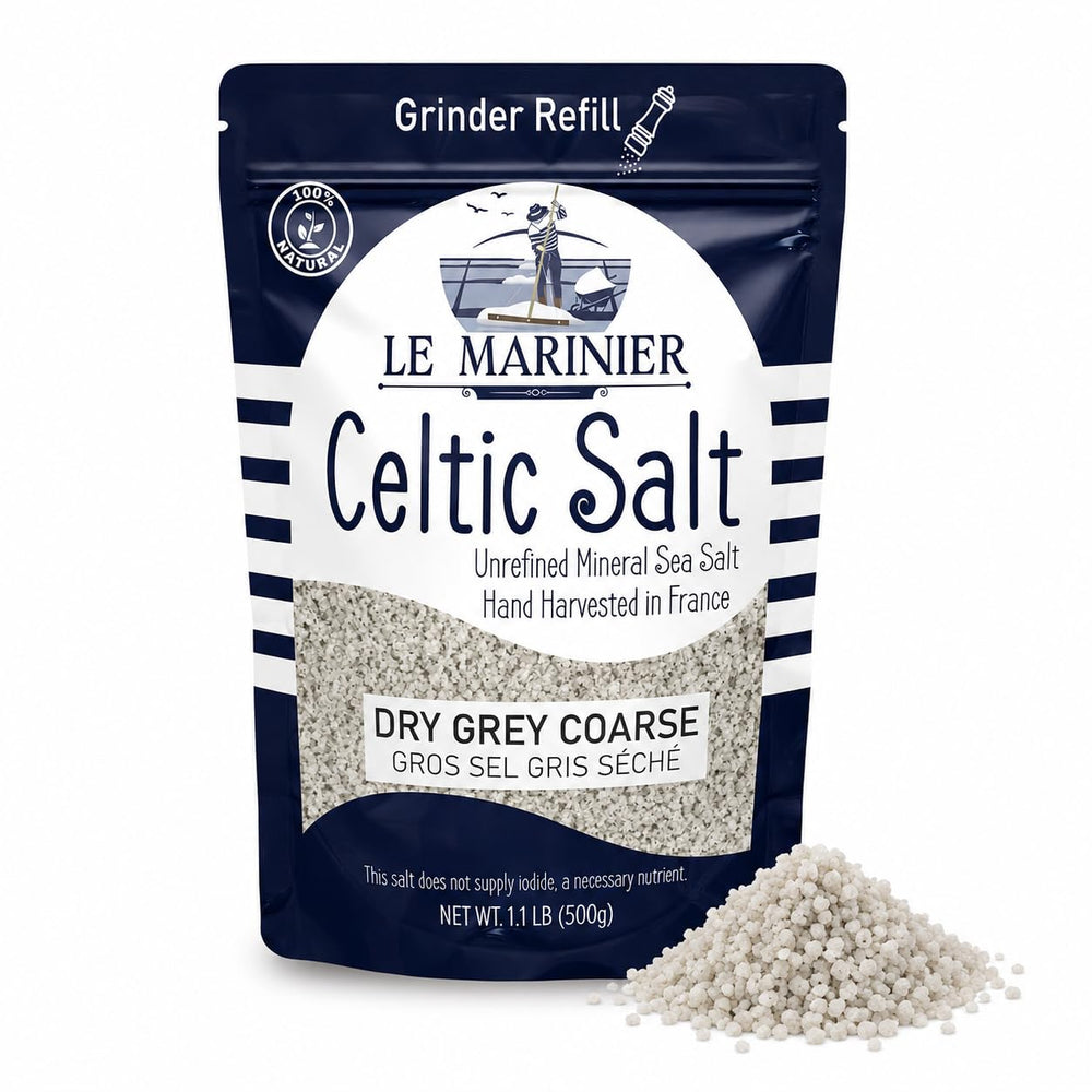 Le Marinier front packaging showing 500g bag and natural coarse salt benefit