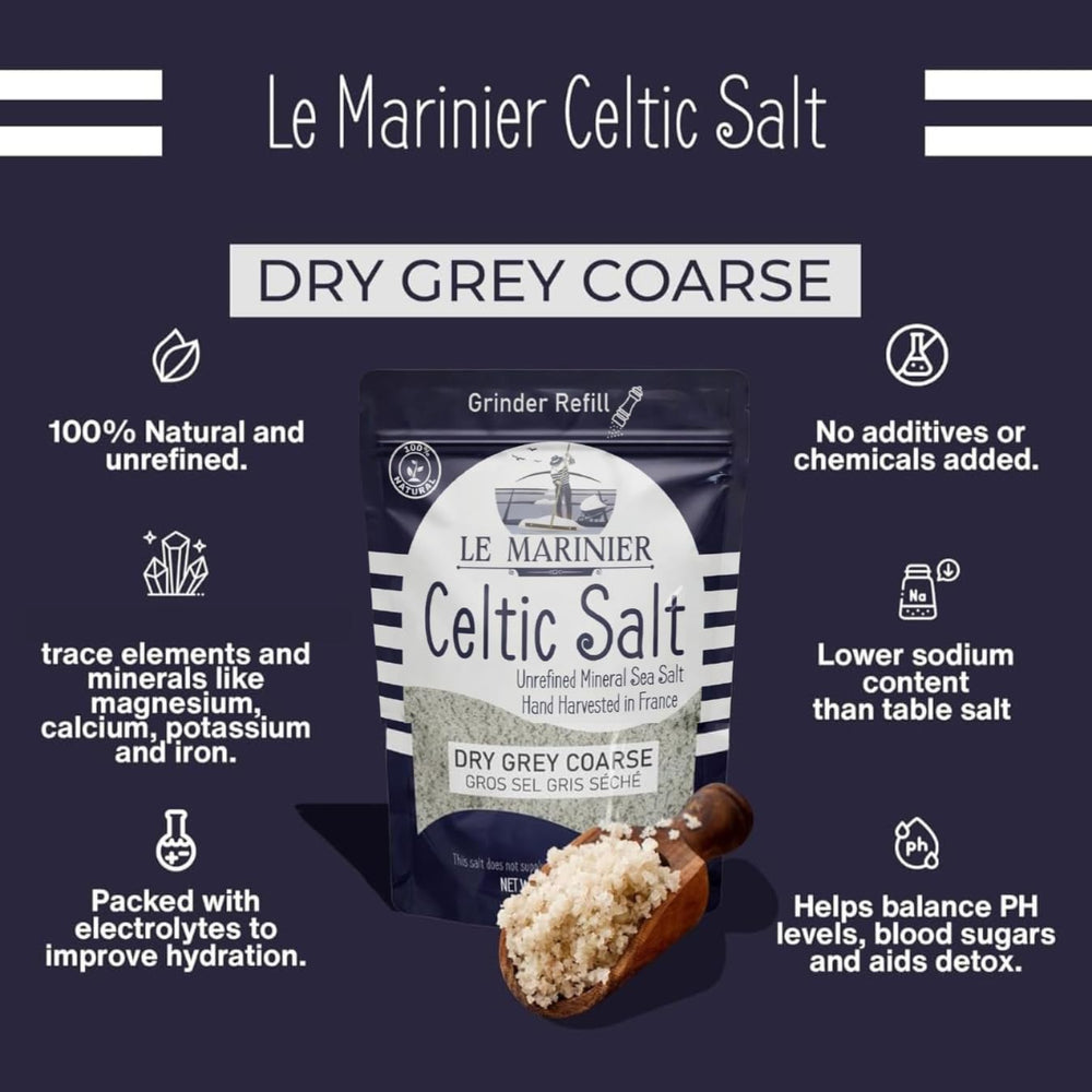 Le Marinier coarse salt inside a grinder ready to refill for convenience benefit