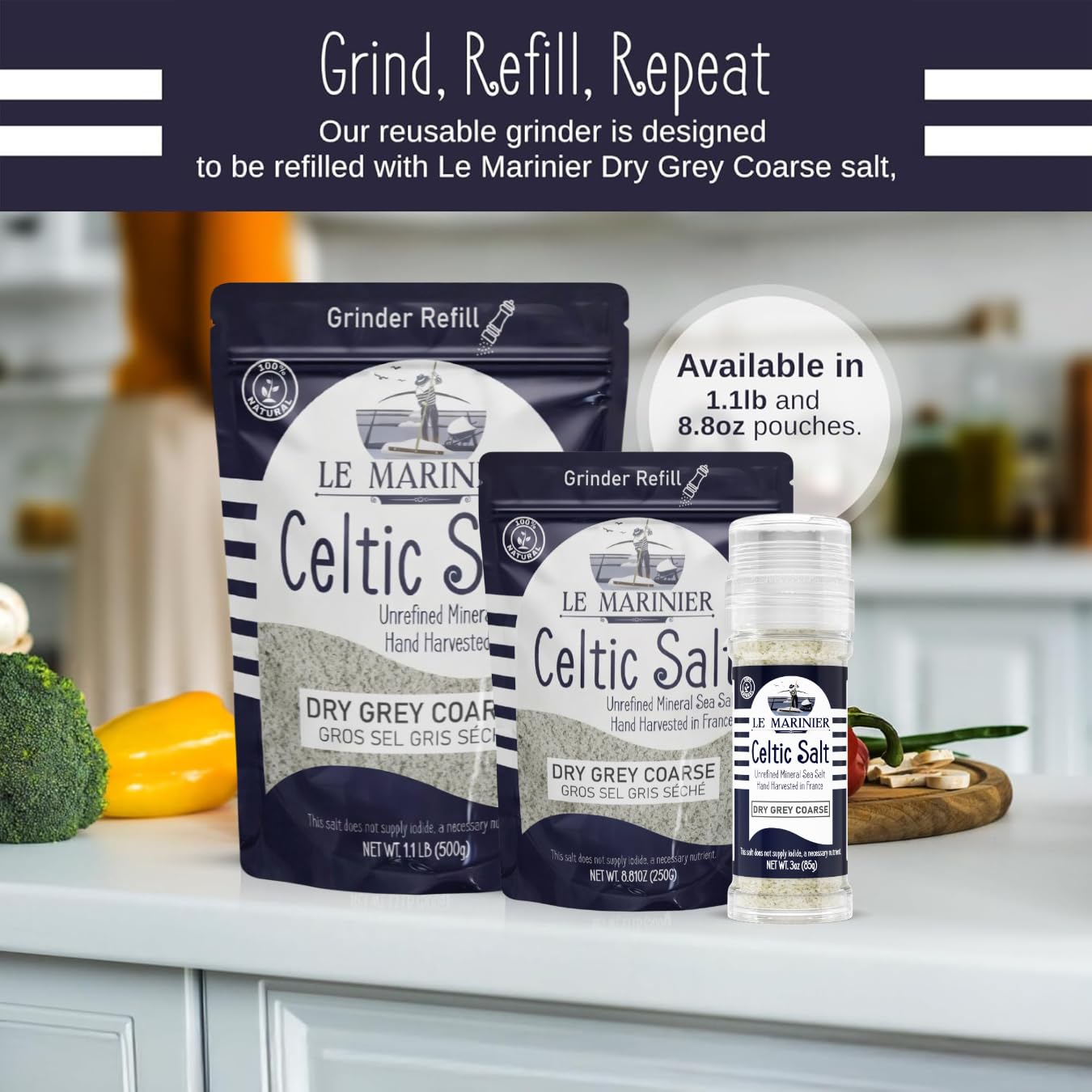 Le Marinier in kitchen setting beside dishes showcasing finishing salt benefit