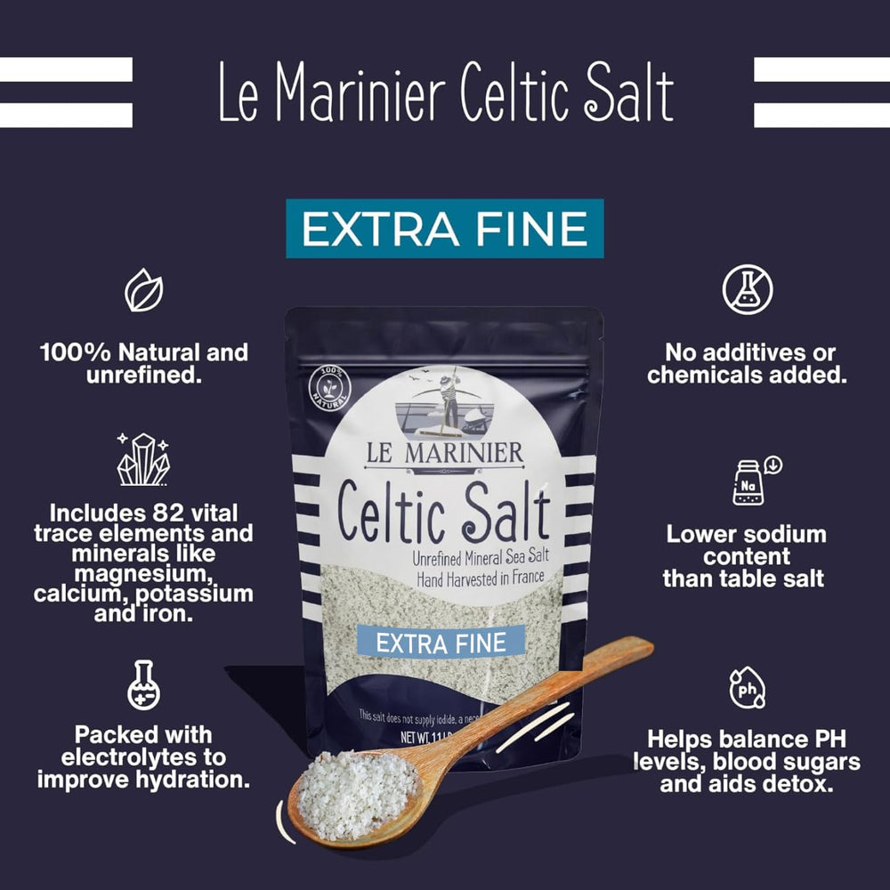 Le Marinier salt texture closeup highlighting extra‑fine grain for even seasoning