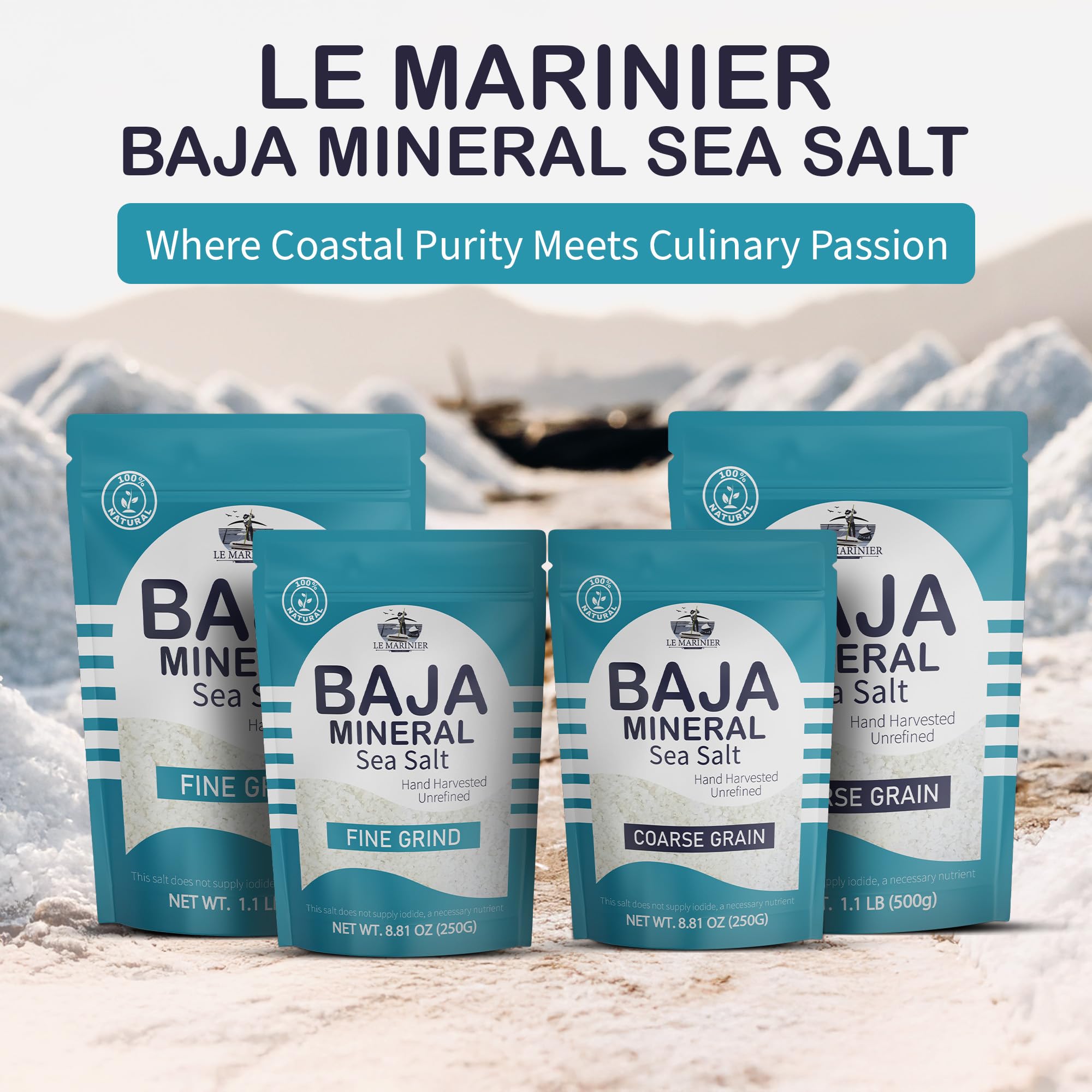 Le Marinier package beside common objects showing 1.1lb size comparison