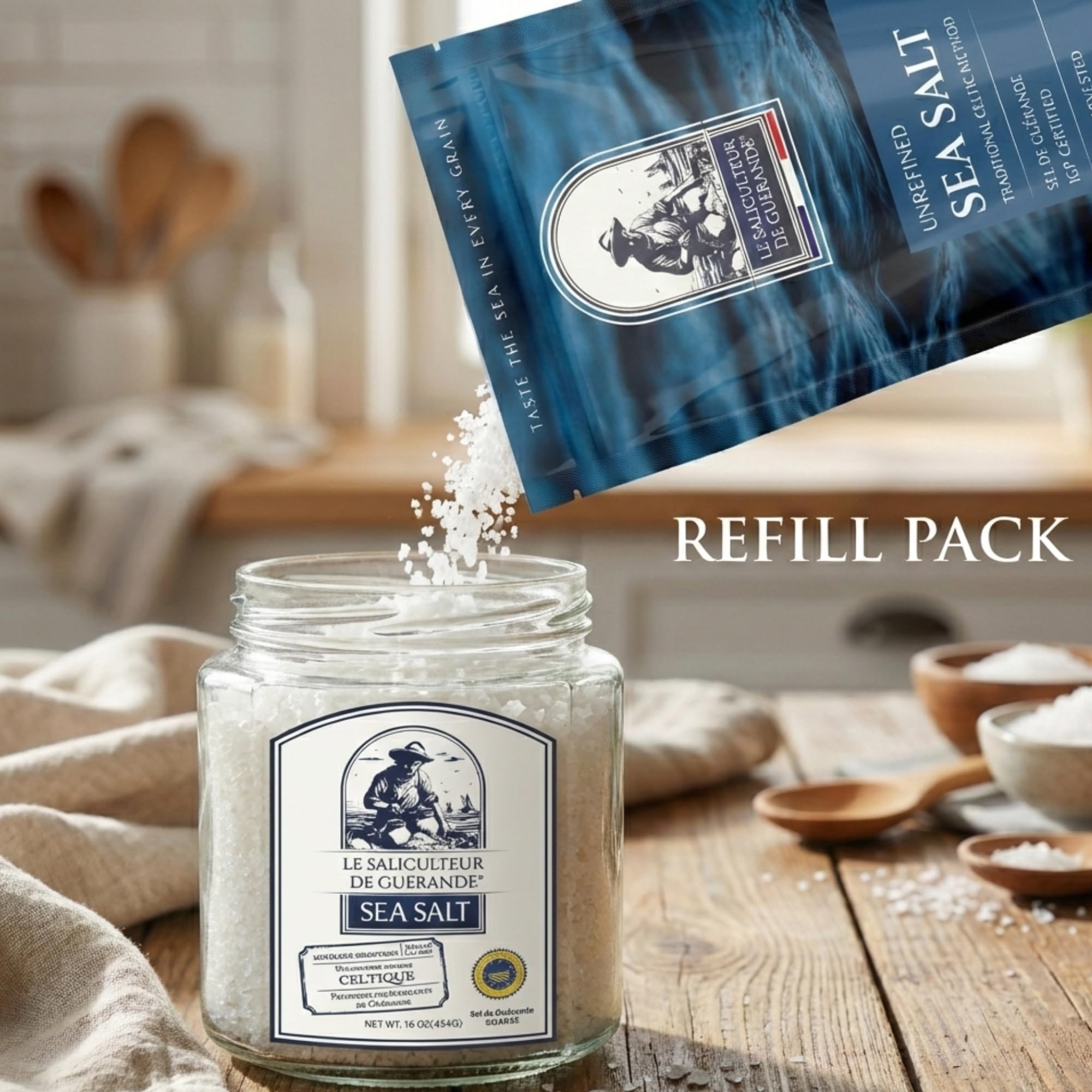 Le Saliculteur jar on countertop in kitchen lifestyle setting for sustainable cooking