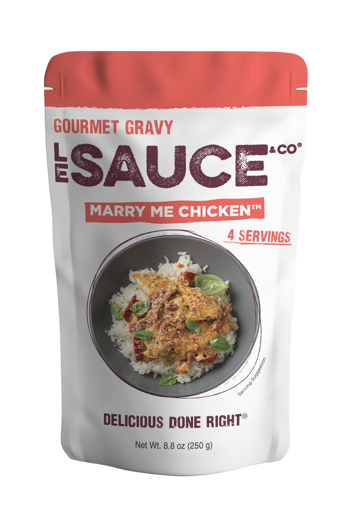 Le Sauce & CO front pouch shot showing label and serving suggestion for quick dinners