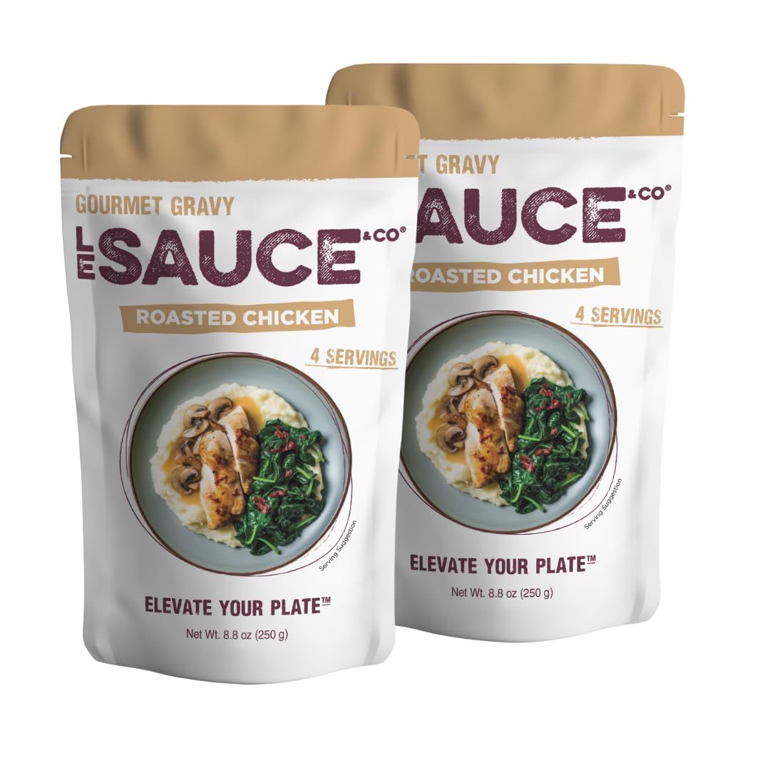 Le Sauce & CO front pouch showing roasted chicken gravy branding and serving size benefit