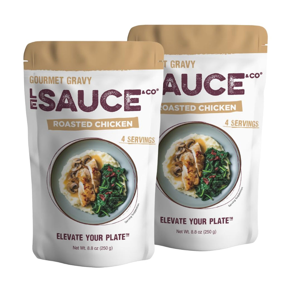 Le Sauce & CO front pouch showing roasted chicken gravy branding and serving size benefit