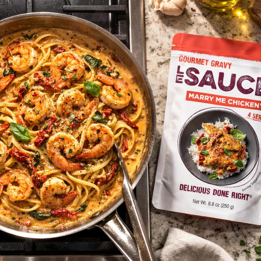 Le Sauce & CO sauce tossed with bowtie pasta for fast gourmet weeknight pasta