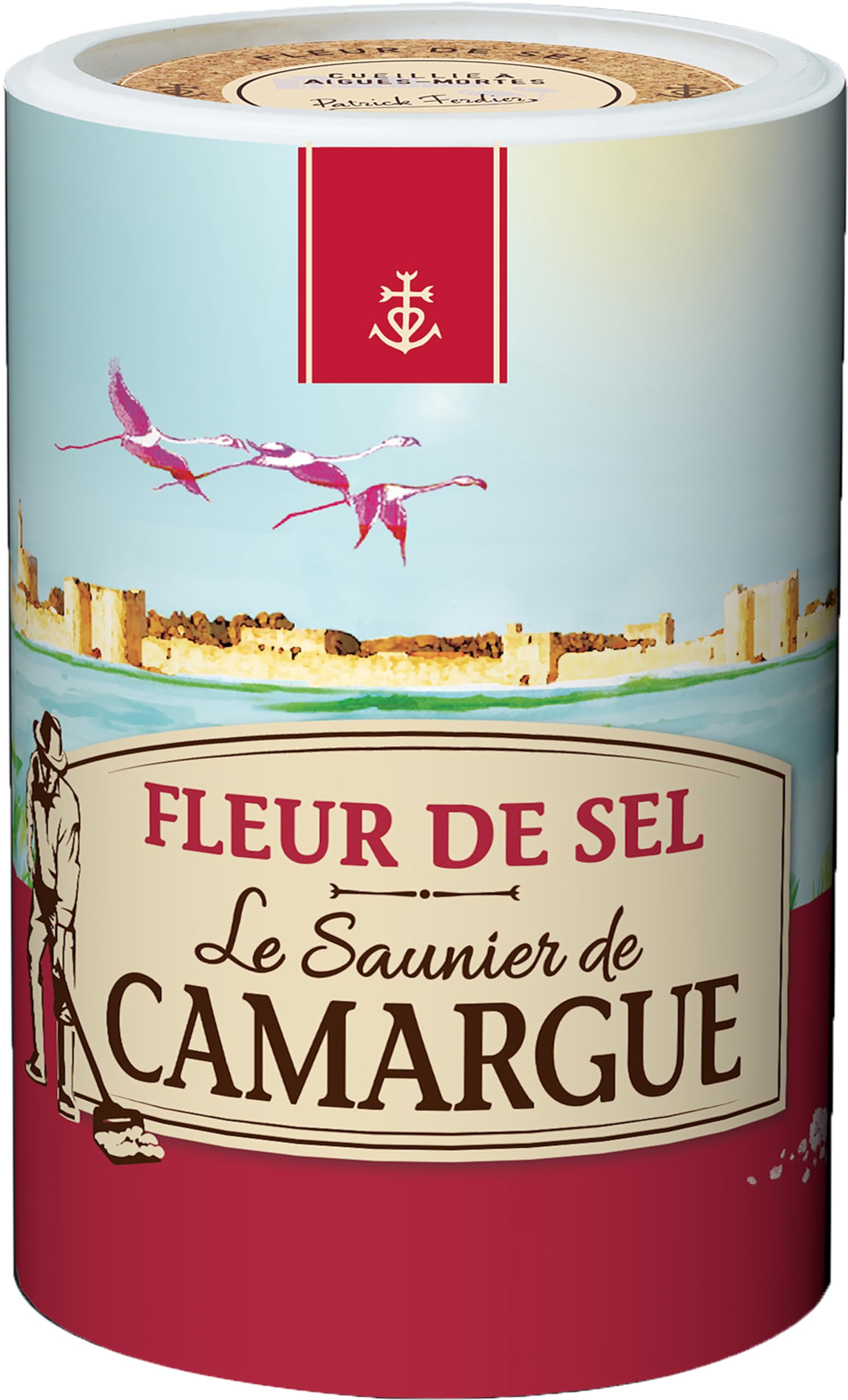 Le Saunier De Camargue tub front view showing brand and resealable lid, preserves freshness