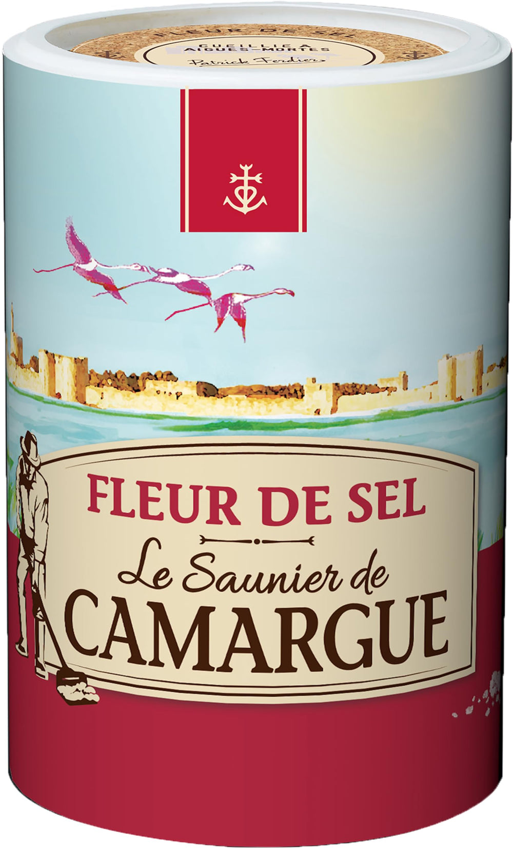 Le Saunier De Camargue tub front view showing brand and resealable lid, preserves freshness